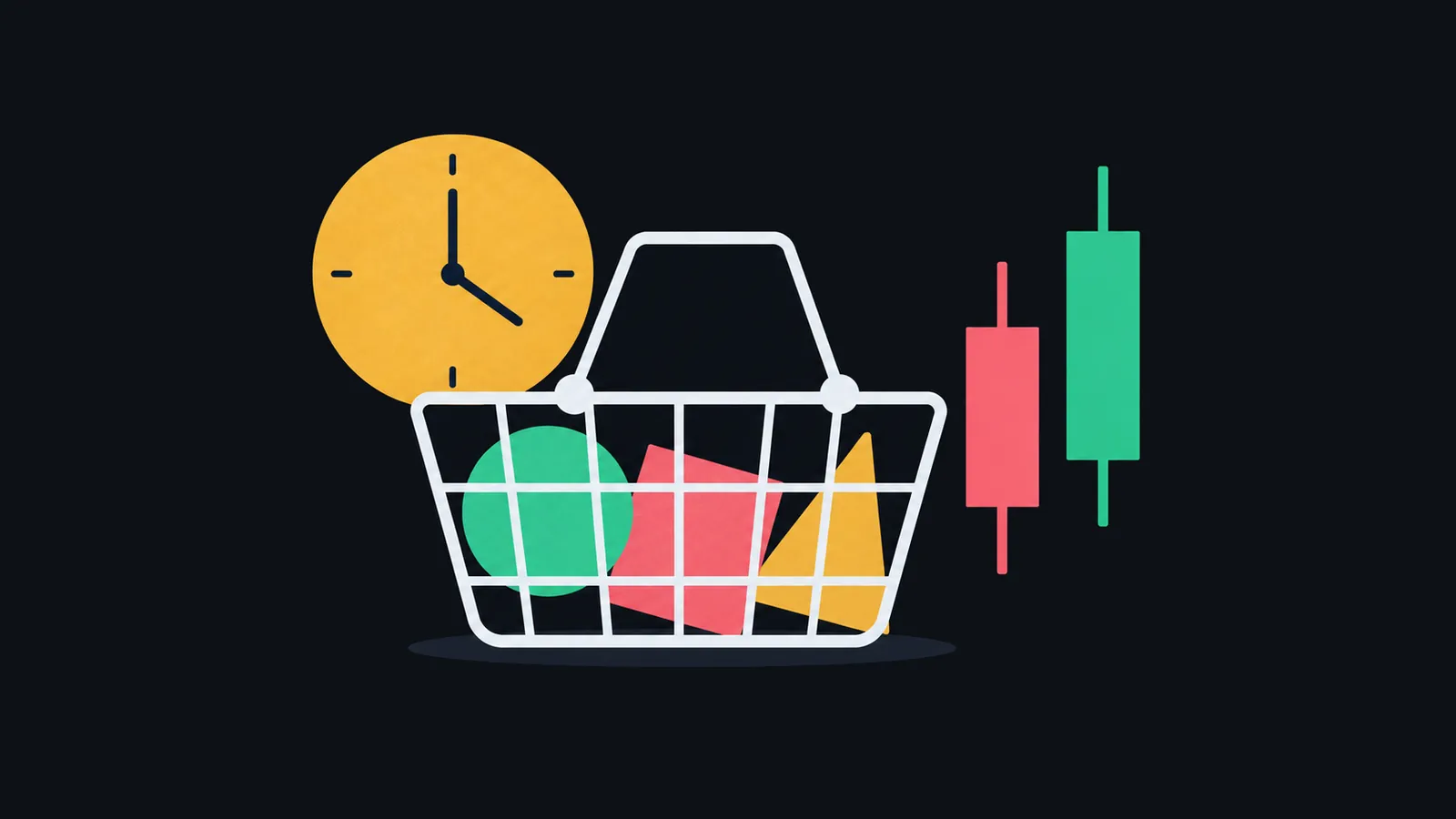 An abstract basket, candles and a clock illustrate PCE inflation and the timing of consumer-price data.